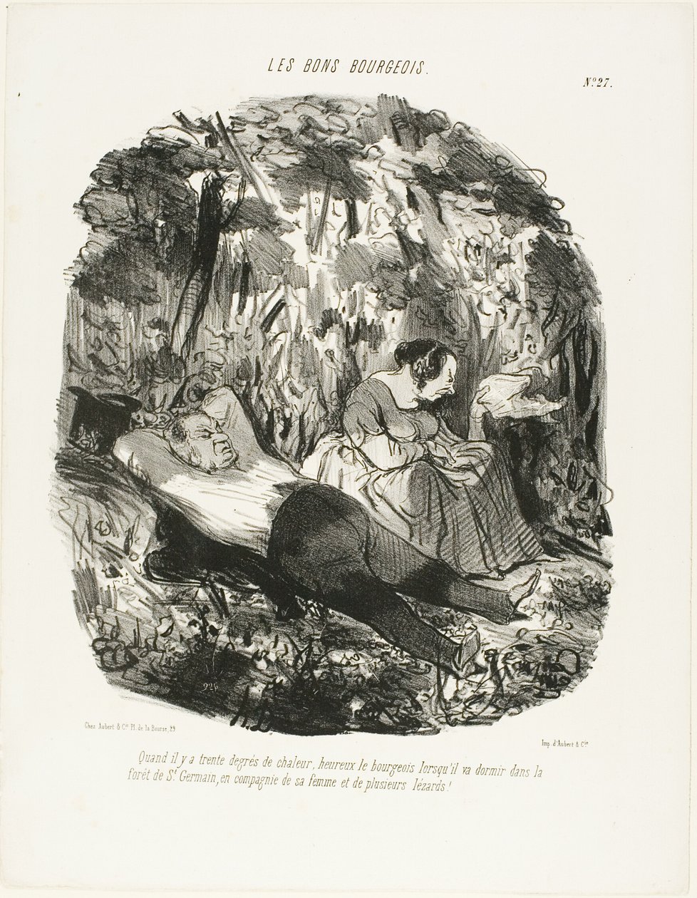 Vid 30°C, lycklig den som kan fly och slumra i skogen i Saint-Germain tillsammans med sin fru och några ödlor, tallrik 27 från Les Bons Bourgeois av Honoré Victorin Daumier