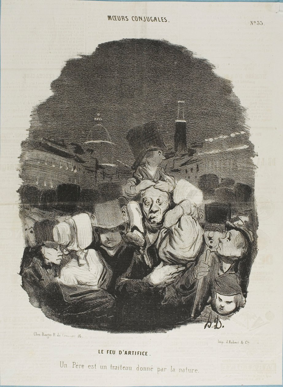 Vid fyrverkerierna. En far är en draghäst, tillhandahållen av naturen, plansch 33 från Moeurs Conjugales och plansch 14 i Actualités av Honoré Victorin Daumier