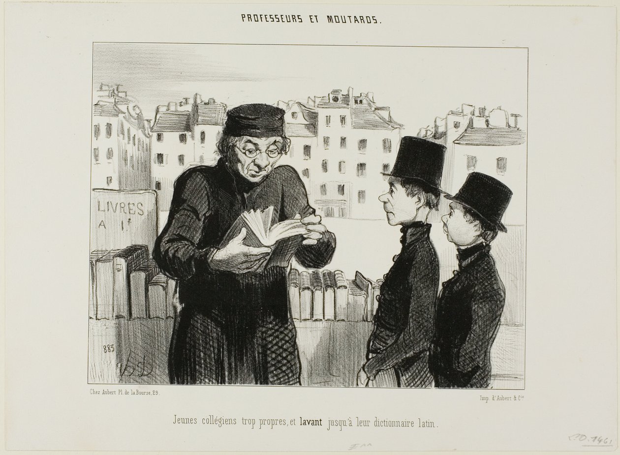 Rena unga gymnasieelever, de försöker till och med sälja sin latinska ordbok, plansch 24 från Professeurs et Moutards (Professors and Rascals) av Honoré Victorin Daumier