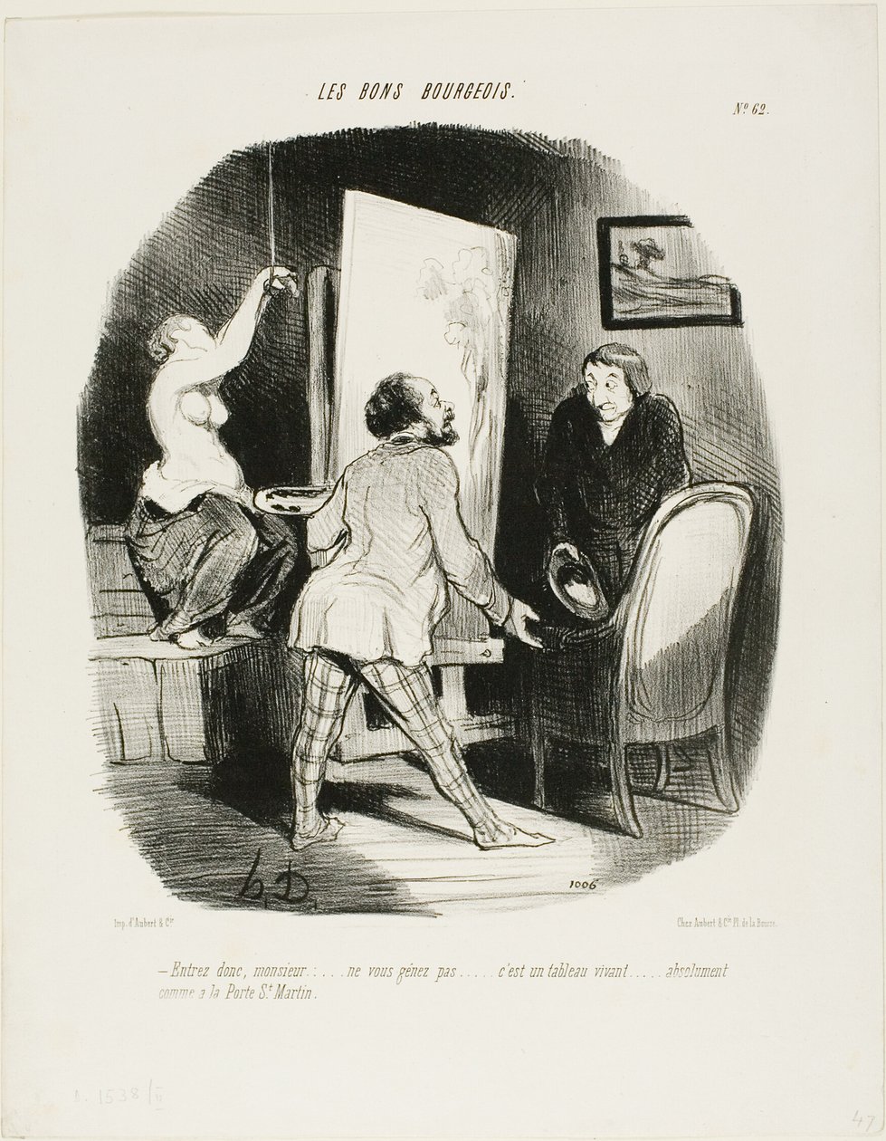 "Kom in, monsieur, var inte blyg. Det är en levande bild.... precis som (du skulle se) vid Porte St. Martin," plansch 62 från Les Bons Bourgeois av Honoré Victorin Daumier