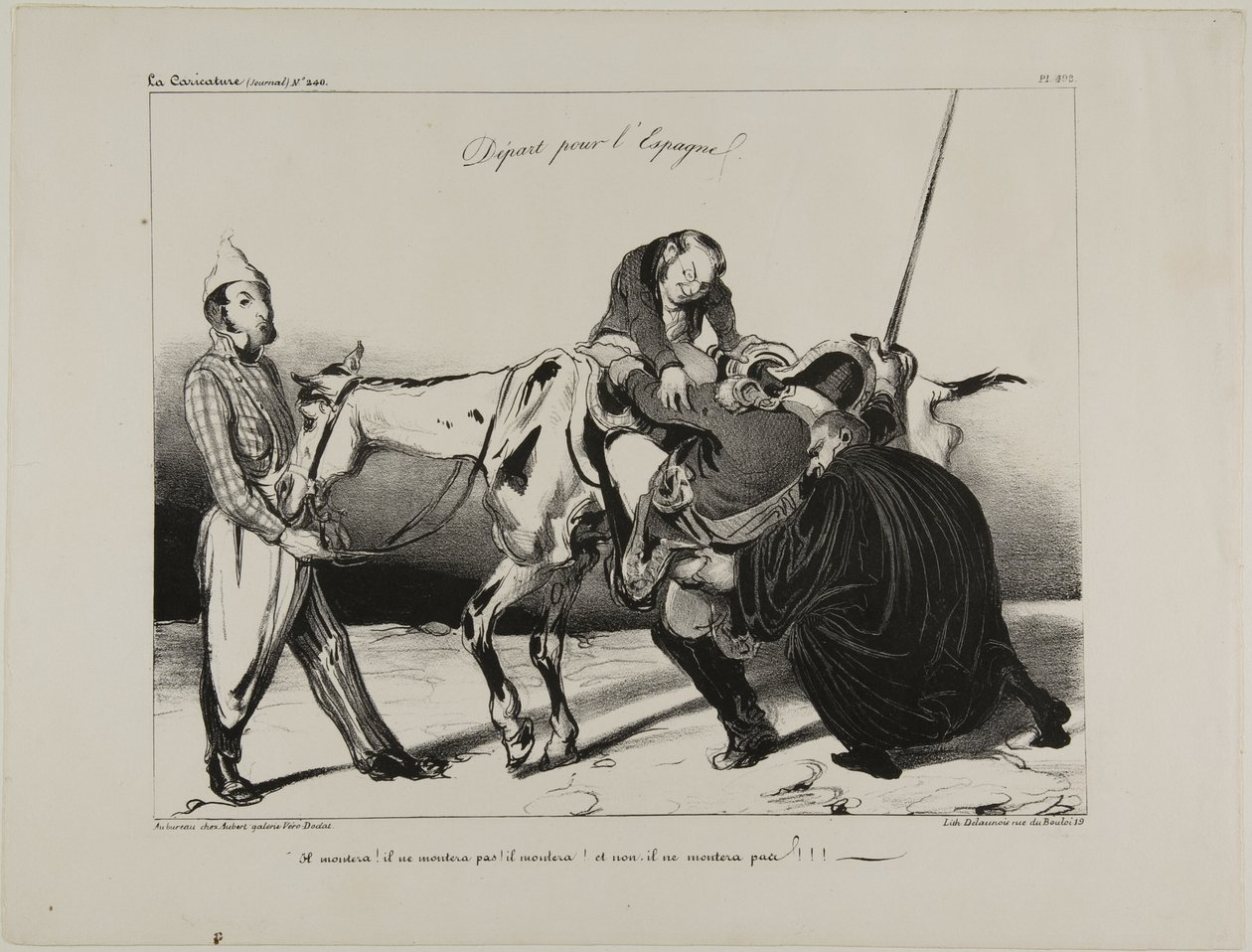 Avresa till Spanien. "Han kommer att rida! Han kommer inte att rida! Han kommer att rida! Och nej, han kommer inte att rida!!!", platta 498 av Honoré Victorin Daumier