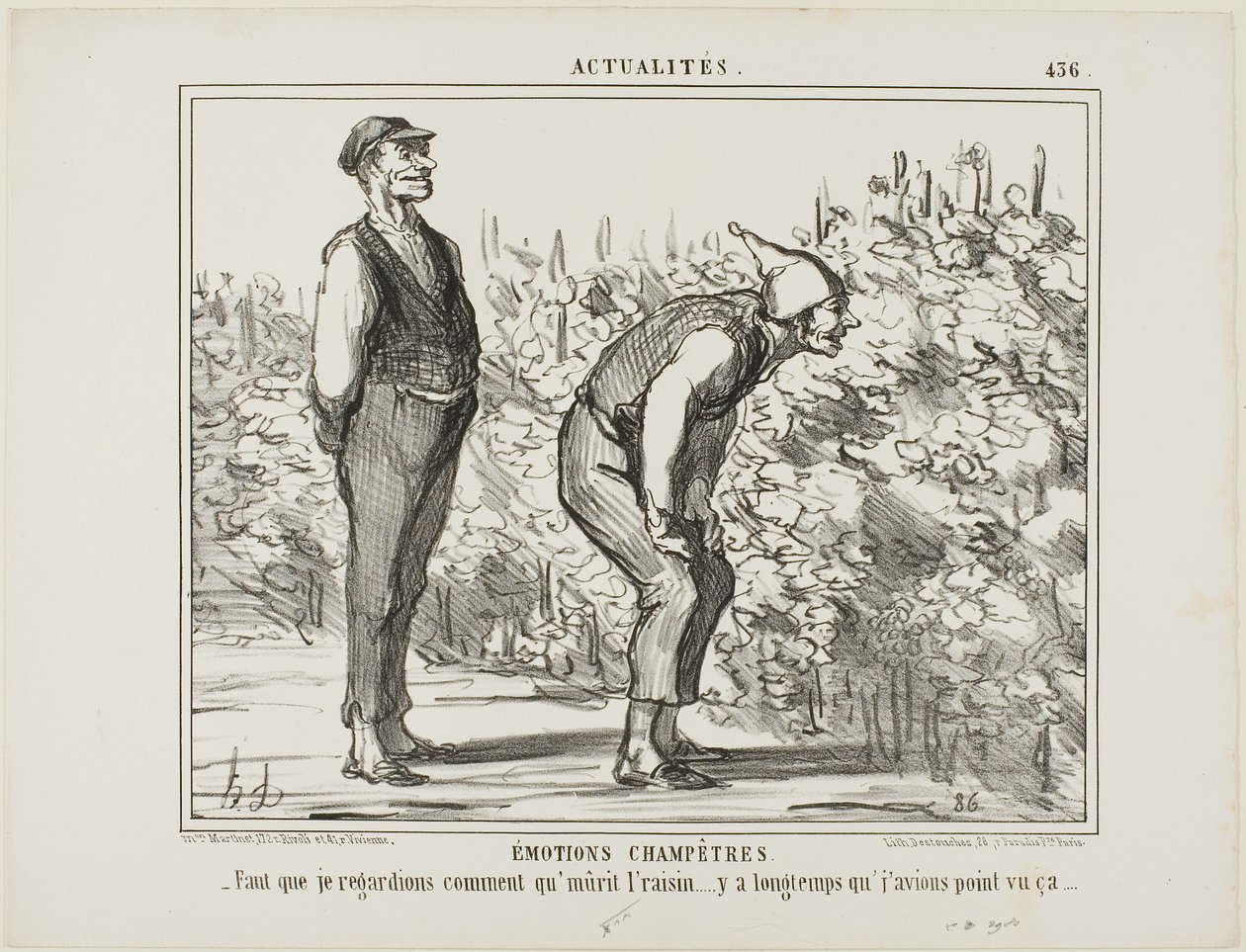 Känslor från landsbygden. "- Måste se hur vinet växer ... har aldrig sett det förut ...", plansch 436 från Actualités av Honoré Victorin Daumier