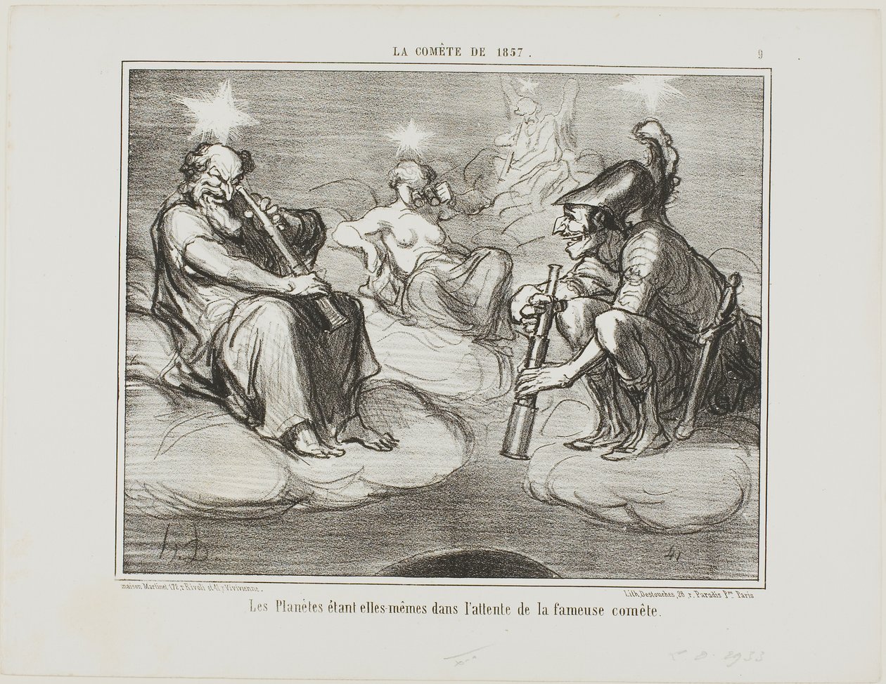 Även planeterna följer med intresse den berömda kometens ankomst, plansch 9 från La Cométe De 1857 av Honoré Victorin Daumier