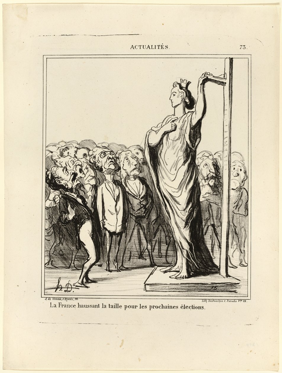 Frankrike förbereder sig för att få sina kandidater att godkännas enligt måttstocken för standarder, plansch 73 från Actualités av Honoré Victorin Daumier