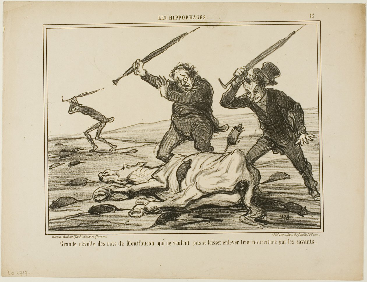 Stort uppror av råttorna i Montfaucon som inte vill att deras mat ska tas bort av forskare, plansch 12 från Les Hippophages av Honoré Victorin Daumier