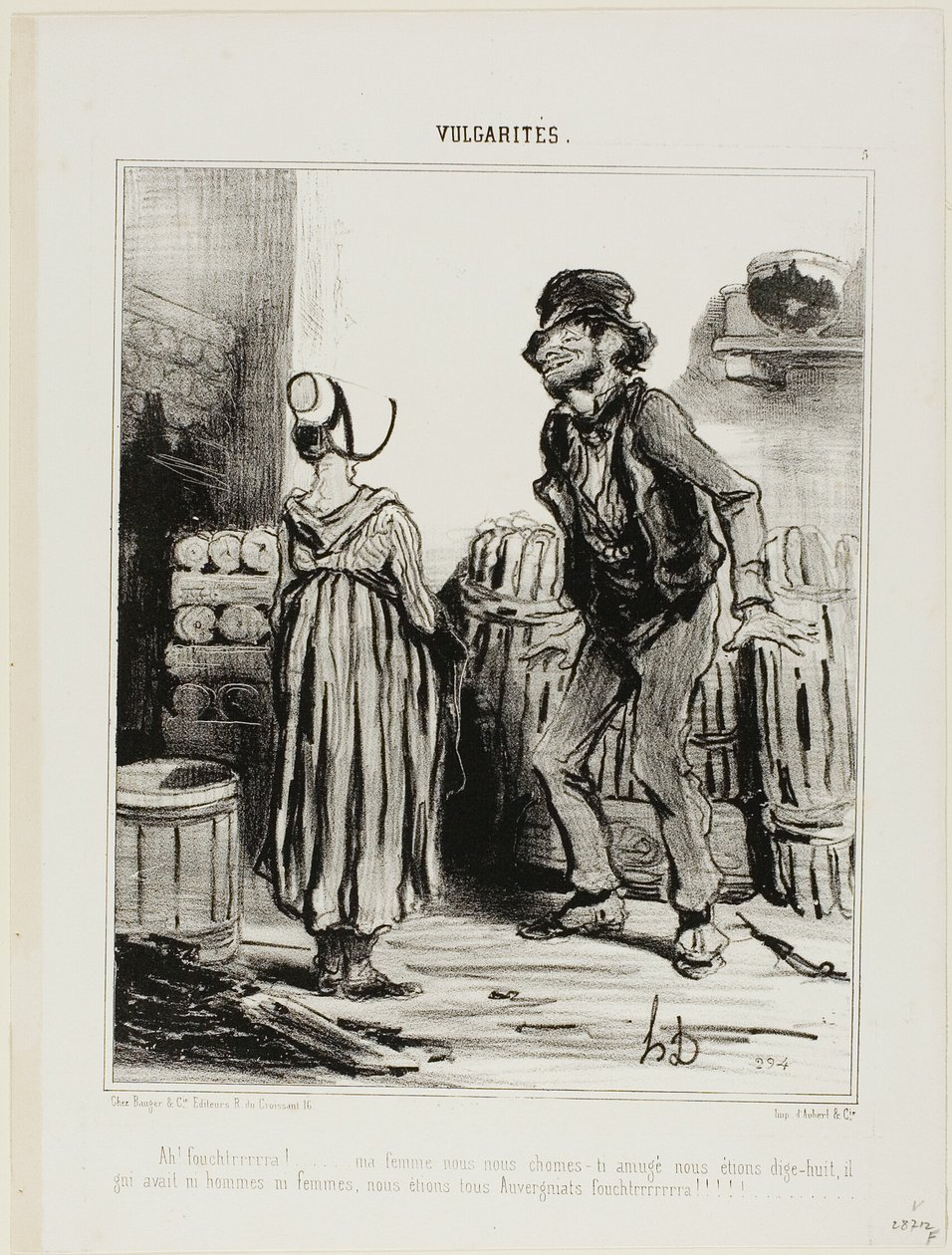 "Ha! Dammmmmnit fru ... hur mycket roligt vi hade när vi var arton.... inga män inga kvinnor..... bara vi människor från Auvergne," platta 5 från Vulgarités av Honoré Victorin Daumier