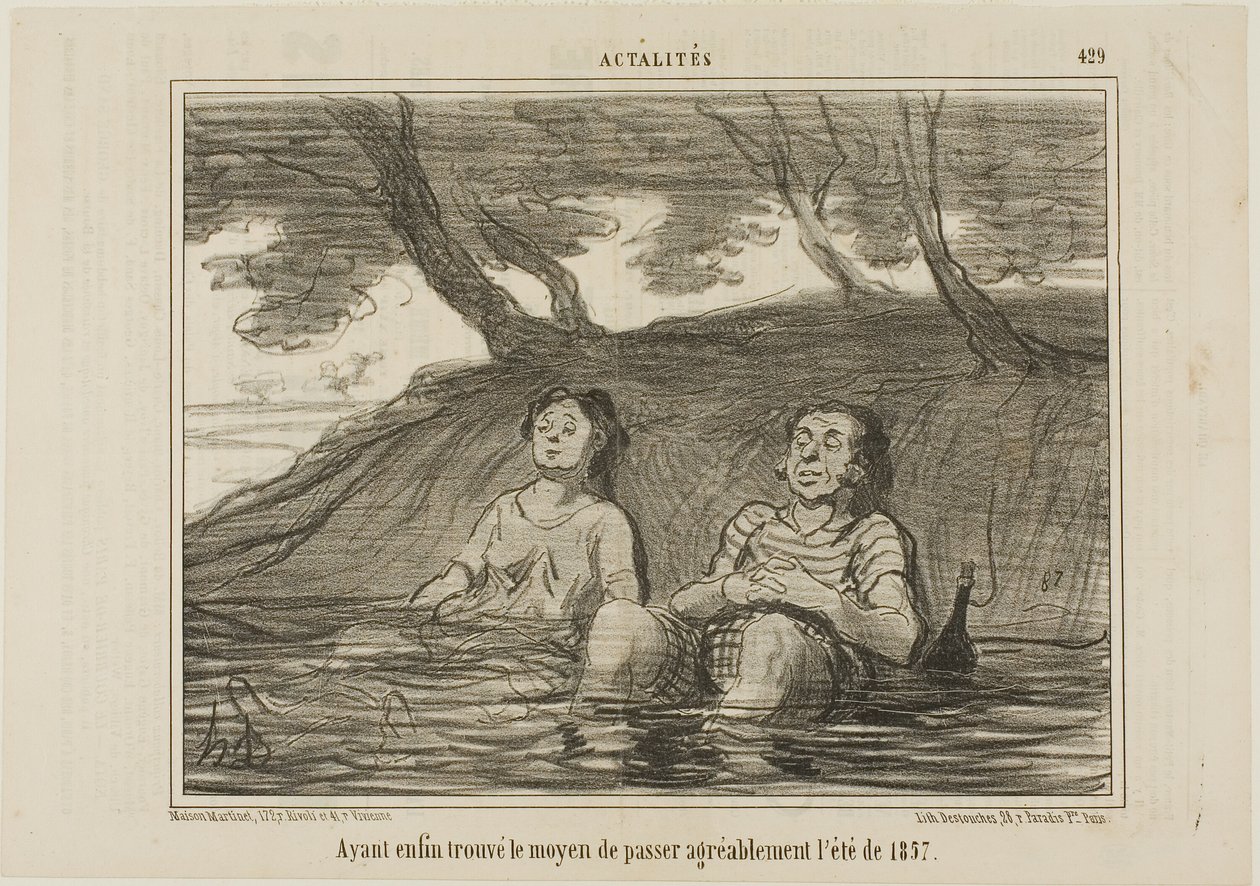 Efter att äntligen ha hittat lösningen för att tillbringa sommaren 1857 på ett trevligt sätt, plansch 429 från Actualités av Honoré Victorin Daumier