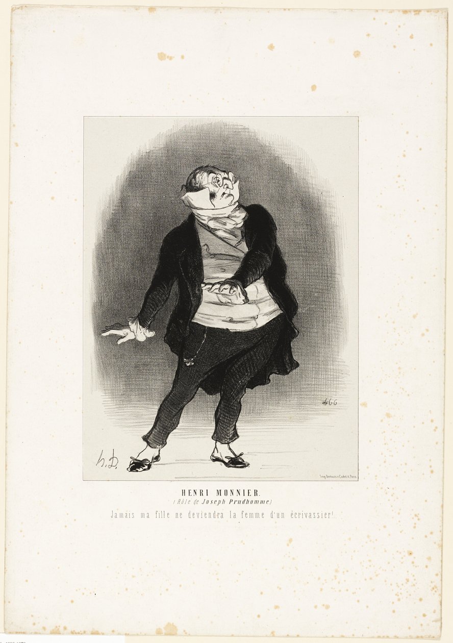 Henri Monnier. (i rollen som Joseph Prudhomme) "- Aldrig ska jag tillåta att min dotter blir gift med en klottrare!", plansch 1 ur Les Artistes Contemporains (Odéon) av Honoré Victorin Daumier