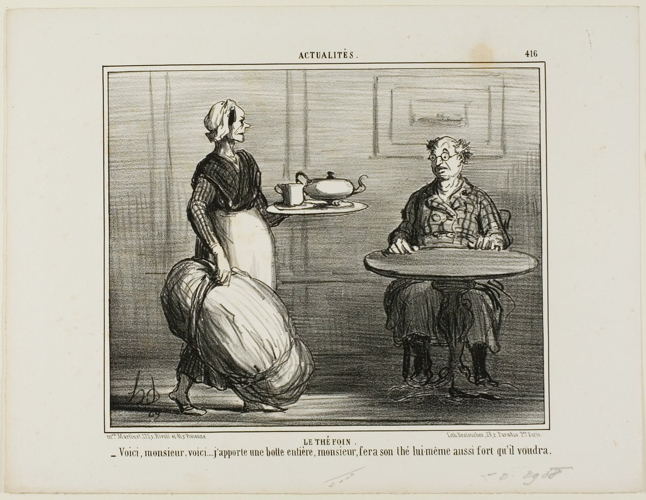 Ört-te. "- Varsågod, Monsieur, jag tänkte ta med mig hela höförpackningen så att du själv kan bestämma styrkan på ditt te", platta 416 från Actualités av Honoré Victorin Daumier