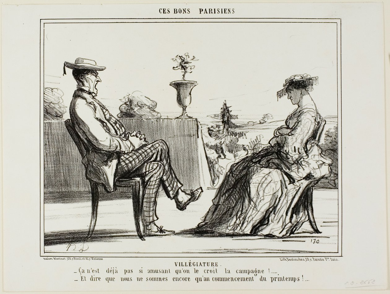 Semester på landet. "- Livet på landet är verkligen inte så underhållande, som de alla säger. - Och att tänka sig att våren bara har börjat," plansch 14 från Ces Bons Parisiens av Honoré Victorin Daumier