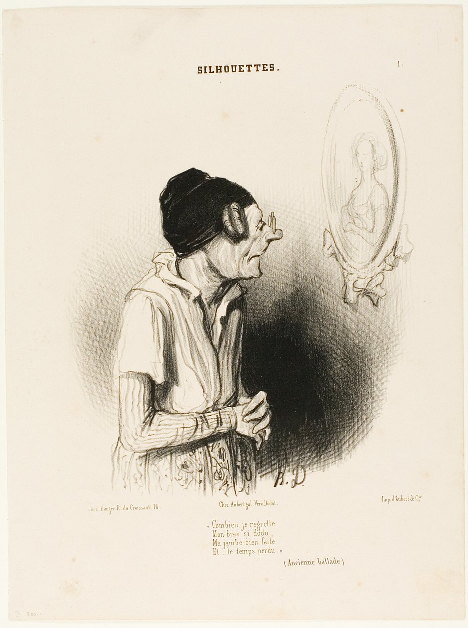 "Hur mycket jag ångrar. Mina armar en gång så starka, mina ben aldrig feta och inget gick fel" (en gammal sång), plansch 1 från Silhouettes av Honoré Victorin Daumier