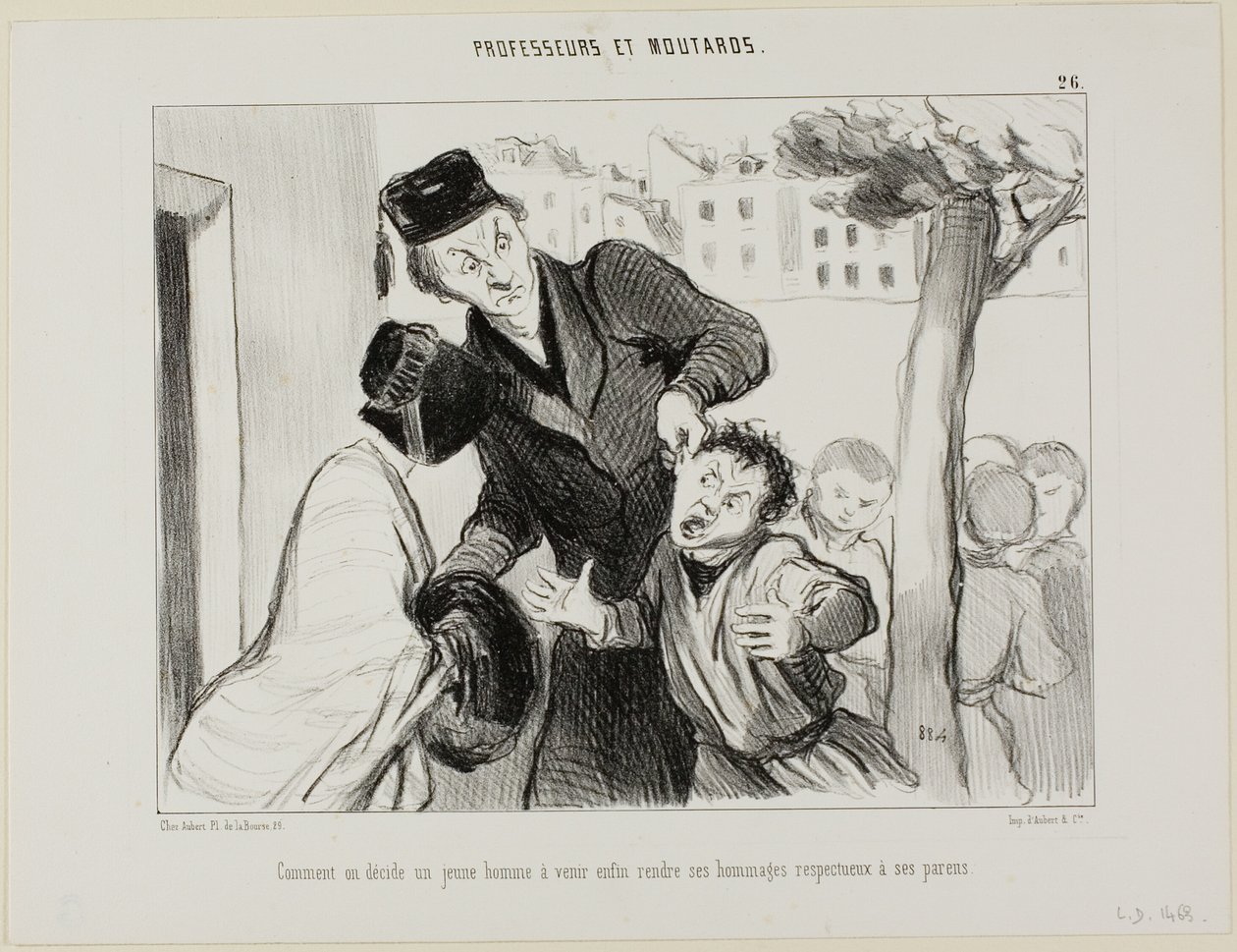 Hur man övertygar en ung man att äntligen lära sig att visa respekt för sina föräldrar, plansch 26 från Professeurs et Moutards (Professorer och skurkar) av Honoré Victorin Daumier