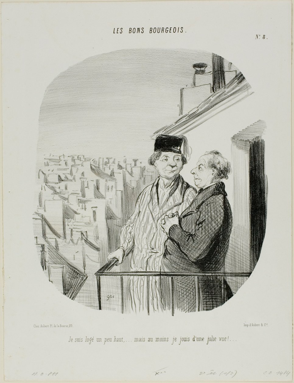 "Jag bor lite högt upp... men jag har i alla fall en vacker utsikt", plansch 8 från Les Bons Bourgeois av Honoré Victorin Daumier