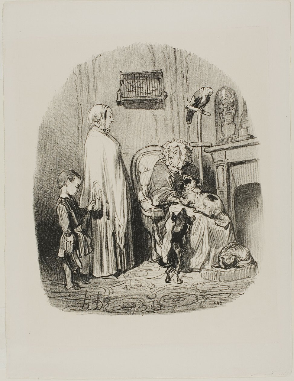 "Jag hyr inte ut till personer med barn", plansch 14 från Locataires Et Propriétaires av Honoré Victorin Daumier