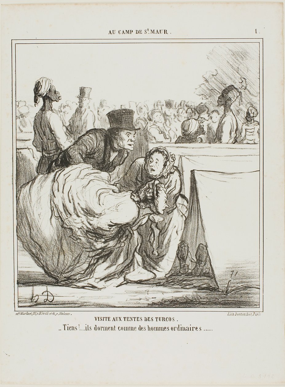 "Jag vill inte ge mig ut på ett så djupt vatten...... det finns säkert stora fiskar där!", plansch 1 från Enfantillages av Honoré Victorin Daumier