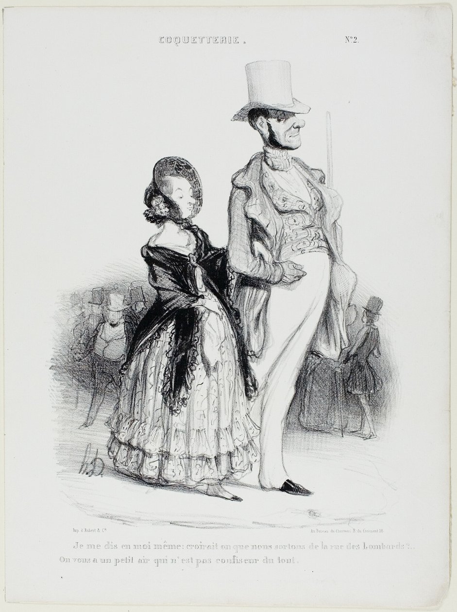 "Jag säger till mig själv: skulle någon tro att vi kommer från Rue des Lombards... Vi ser verkligen inte ut som konditorer alls", plansch 2 från Coquetry av Honoré Victorin Daumier