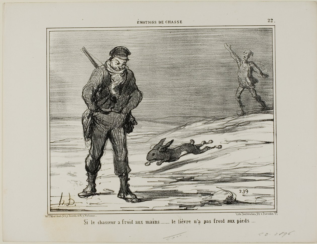 Om jägaren har kalla händer... haren har inte kalla fötter, plansch 22 från Émotions De Chasse av Honoré Victorin Daumier
