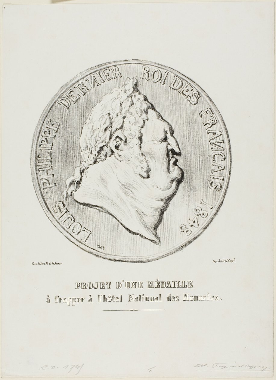 Louis-Philippe, den siste kungen av Frankrike 1848. Design för en medalj som ska tillverkas av det nationella myntverket av Honoré Victorin Daumier
