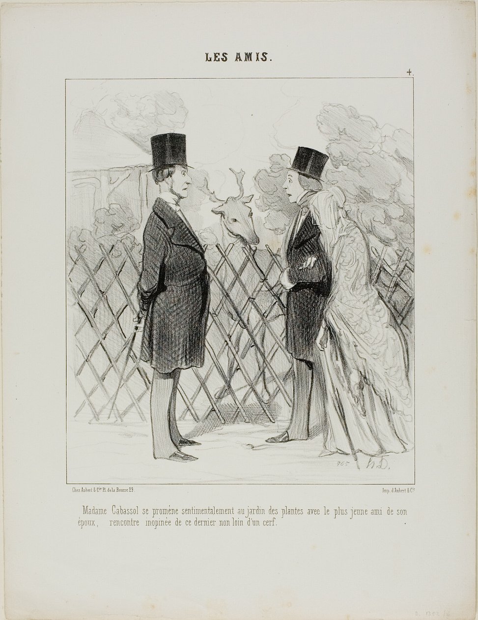 Madame Cabassol tar en romantisk promenad i den botaniska trädgården tillsammans med sin makes yngsta vän. Plötsligt möte med den senare inte långt från en hjort, plansch 4 från Les Amis av Honoré Victorin Daumier