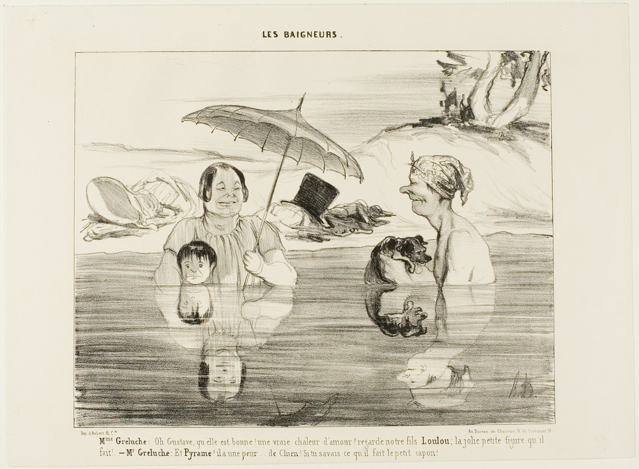Madame Greluche: "Åh, Gustave, vad gott! En riktigt lugnande värme! Titta på vår son Loulou, vilket sött ansikte han gör!" Herr Greluche: "Och Pyramus, han är rädd, rädd som en hund. Om ni bara visste vad han gör just nu, den lille rackaren", plansch 4 ur  av Honoré Victorin Daumier