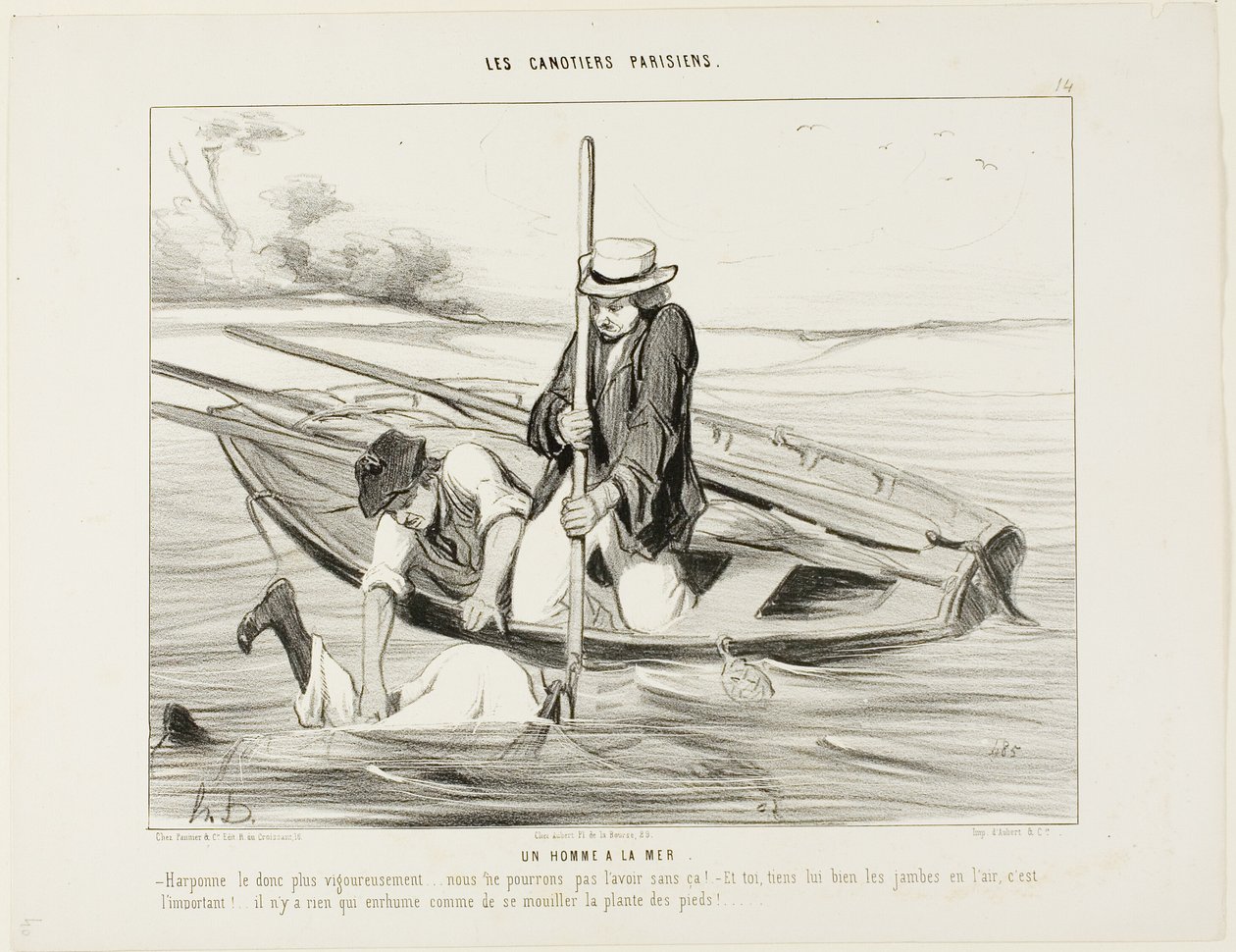 Man överbord! "- Harpunera honom hårdare!.... vi kan inte få tag i honom annars! Och du, håll upp hans ben i luften, det är mycket viktigt. .... Det finns inget i världen som gör att du blir förkyld snabbare än genom att få dina fötter våta," platta 14 frå av Honoré Victorin Daumier