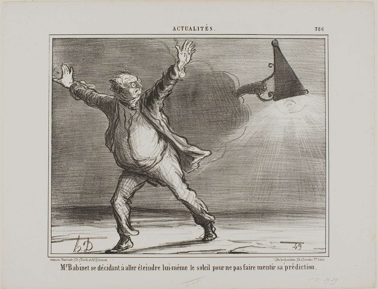 Monsieur Babinet beslutar sig för att personligen stänga av solen för att hans förutsägelser ska gå i uppfyllelse, plansch 386 från Actualités av Honoré Victorin Daumier