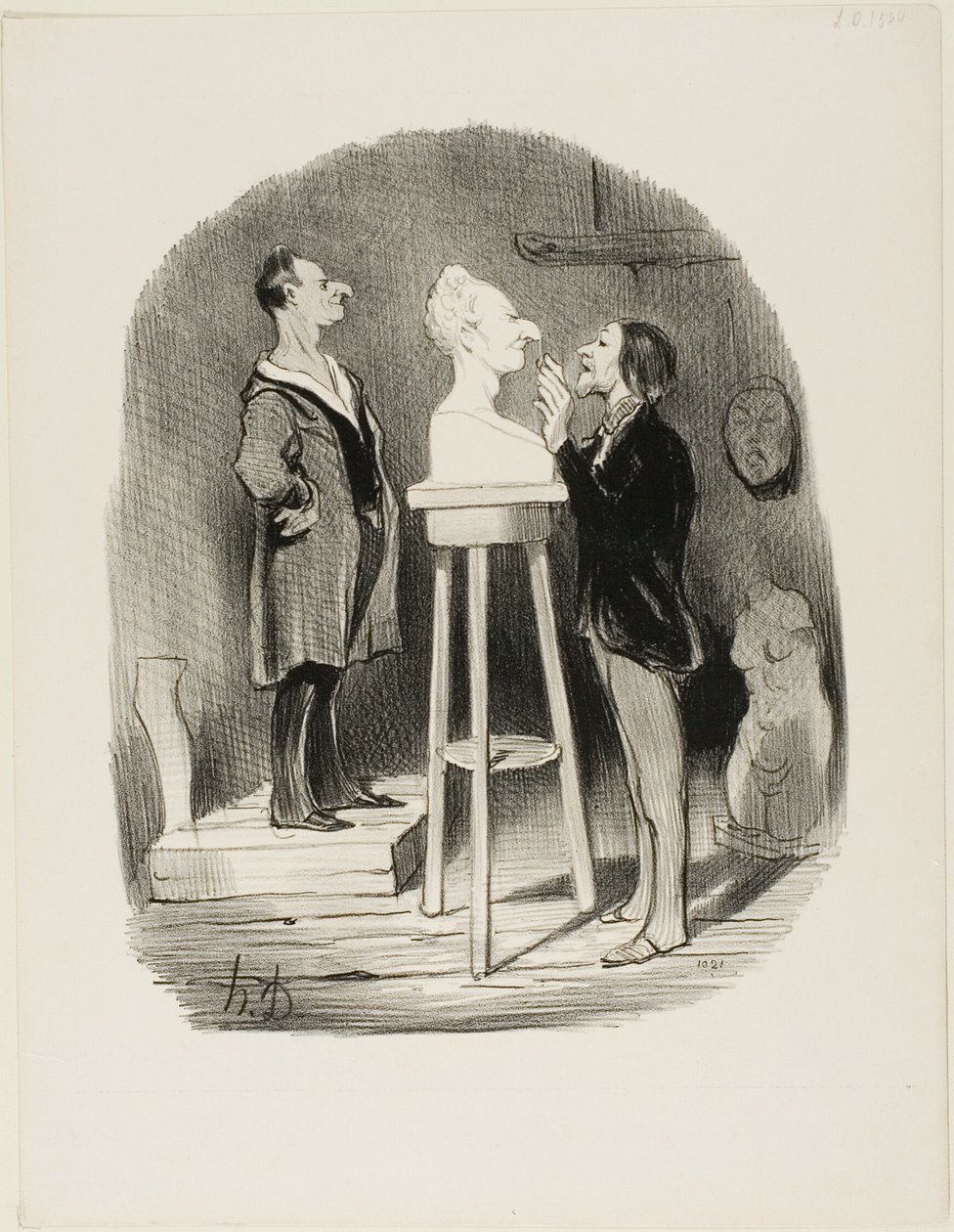 Monsieur Filochard, f.d. butiksägare, pensionär, känner ett behov av att lämna över sin byst i marmor till även den avlägsnaste eftervärlden, plansch 68 från Les Bons bourgeois av Honoré Victorin Daumier