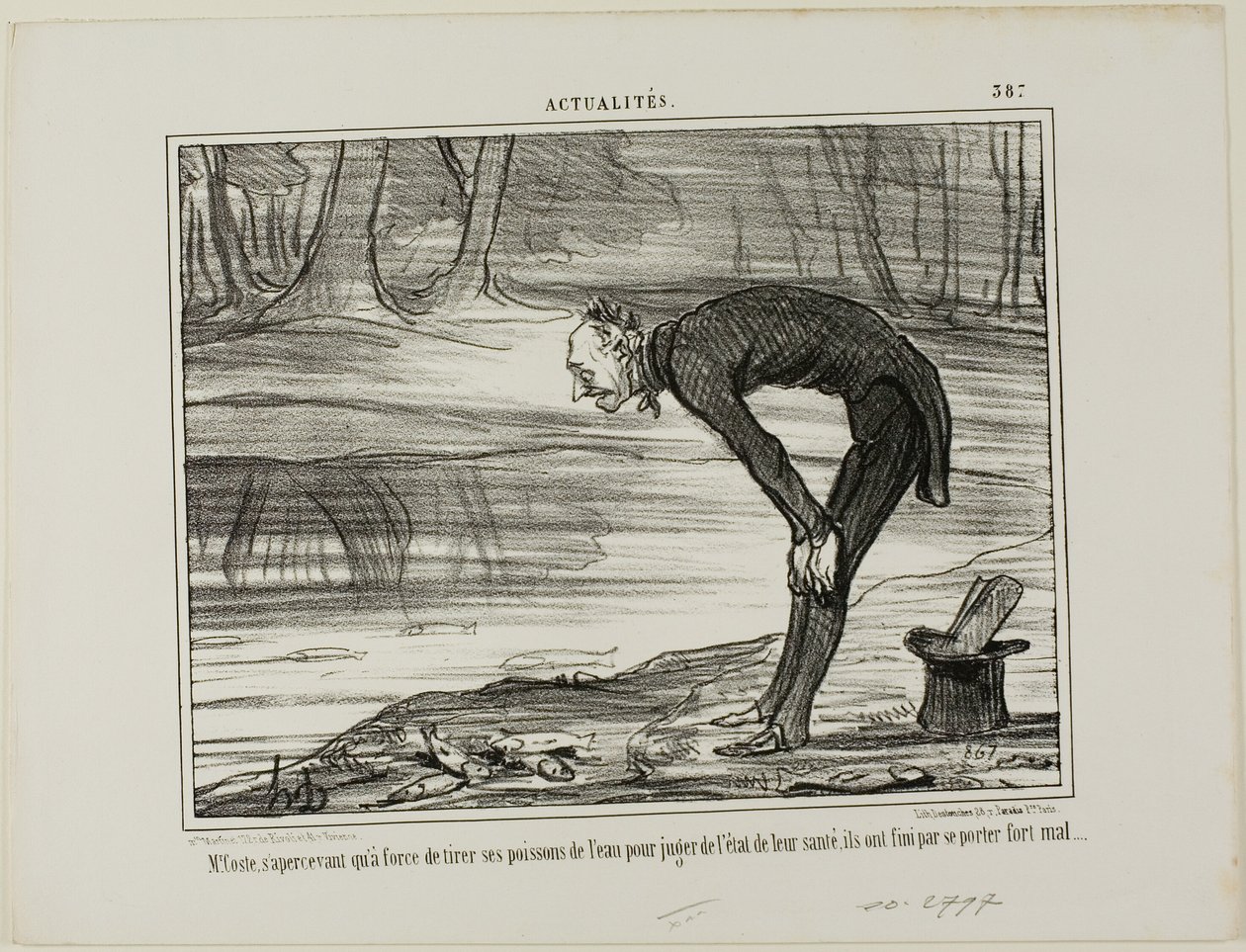 Herr Coste noterar att de fiskar som han tog upp ur vattnet för att analysera deras hälsotillstånd i slutändan inte alls mår bra, plansch 387 från Actualités av Honoré Victorin Daumier