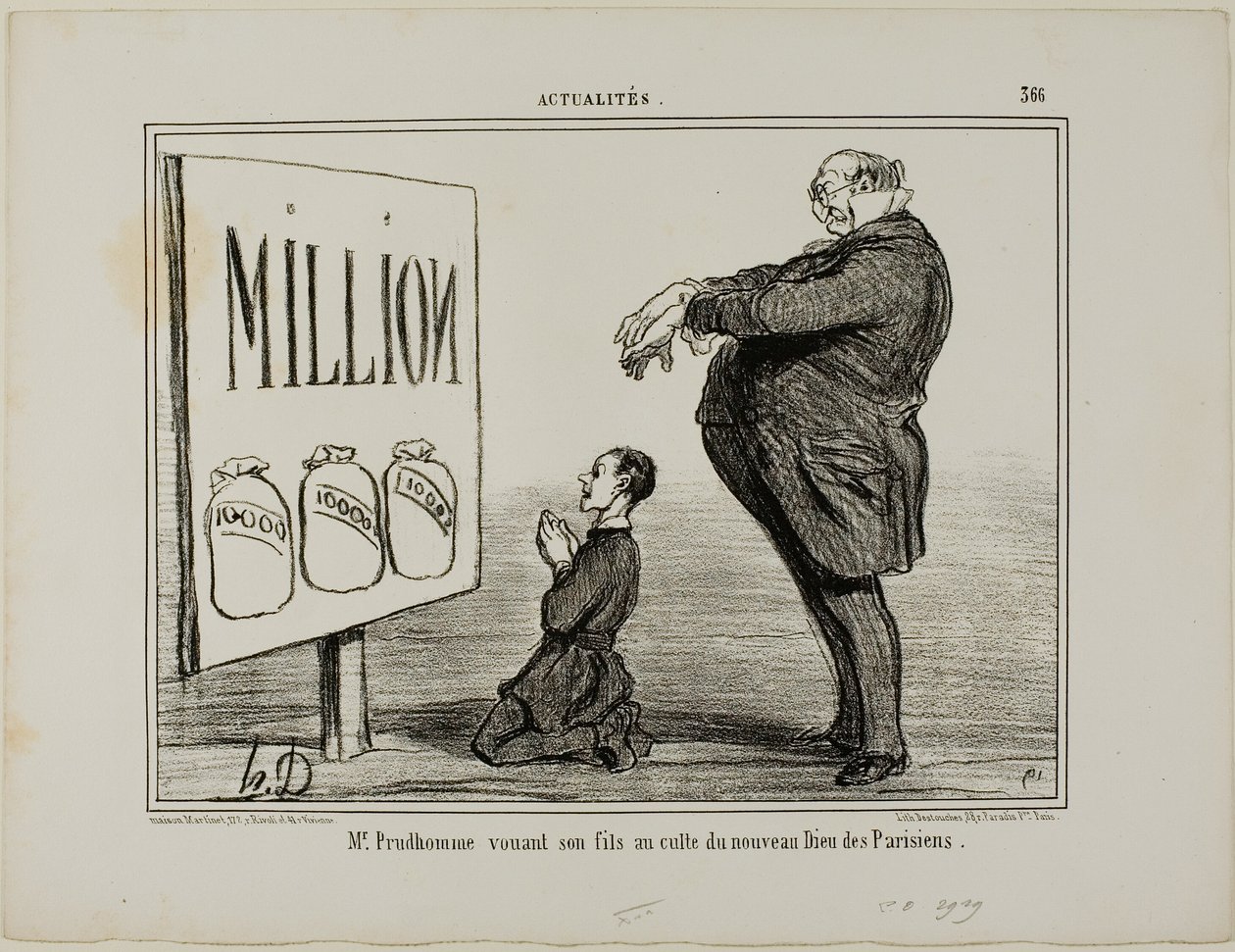 Herr Prudhomme tillägnar sin son till parisarnas nya gud, plansch 366 från Actualités av Honoré Victorin Daumier