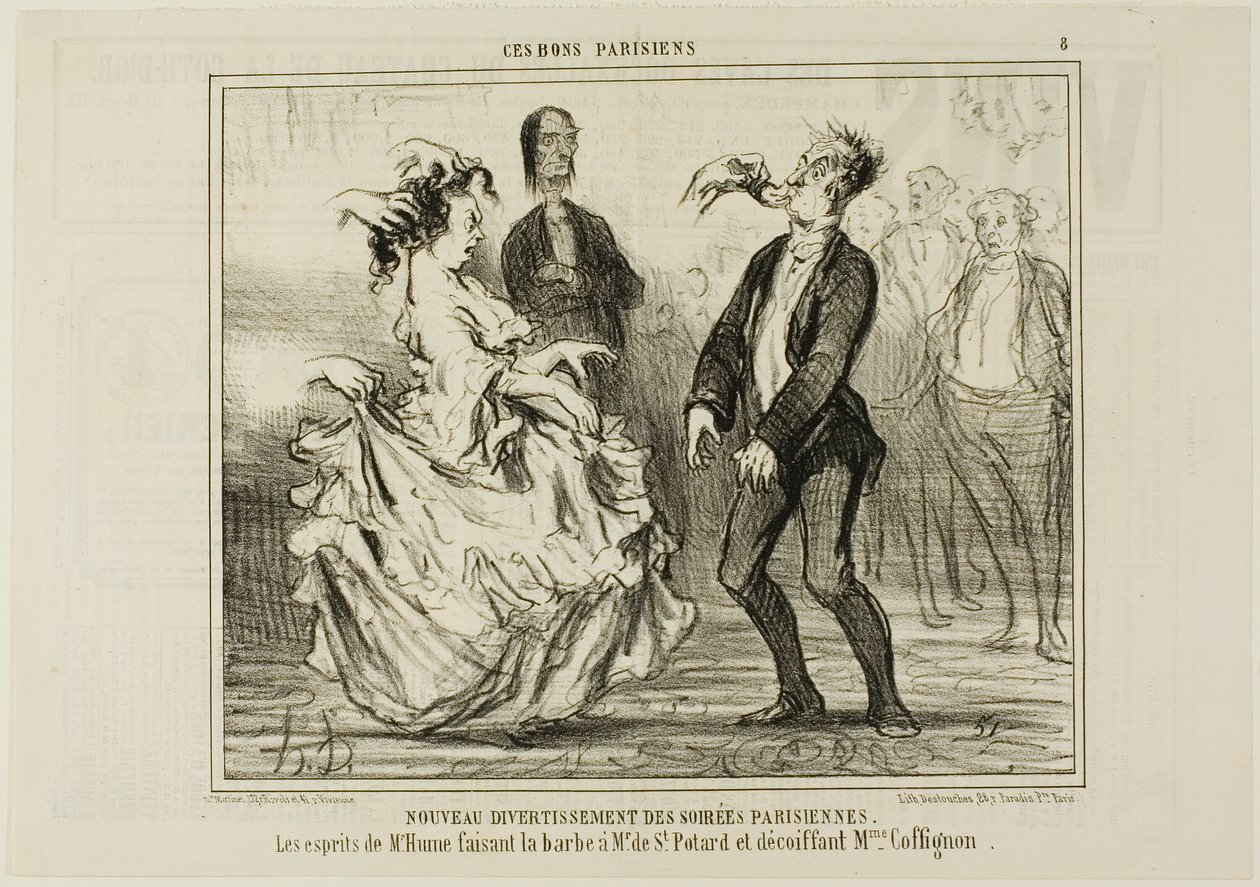 Ny underhållning på de parisiska aftonfesterna. Hume rakar skägget på Monsieur de St Potard och löser håret på Madame Coffignon, plansch 8 från Ces Bons Parisiens av Honoré Victorin Daumier
