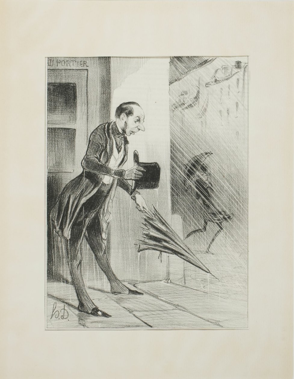 Nytt patenterat paraply, med ett förbättrat fjädersystem, för att snabbt öppna sig vid minsta beröring.(se vår annons i ärendet), plansch 33 från Émotions Parisiennes av Honoré Victorin Daumier