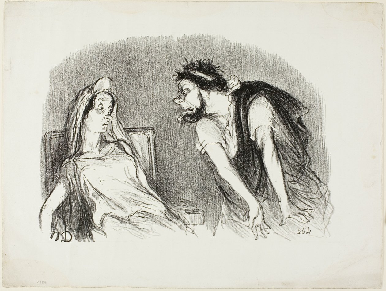 Oedipe. "- När mitt svärd skar in i hans blödande hjärta - Ni darrar Madame - Det var då världen föll samman", platta tio från Physionomies tragiques av Honoré Victorin Daumier