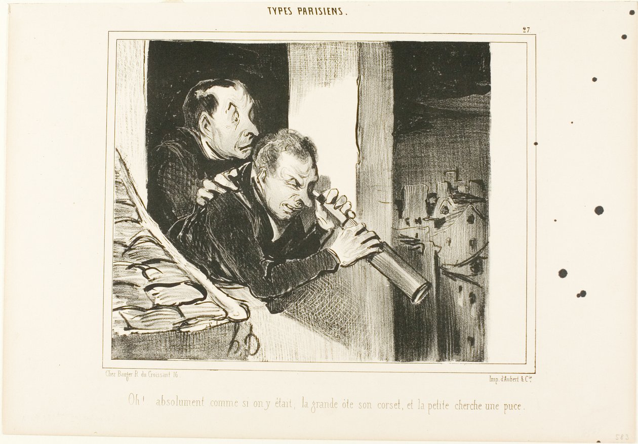 "Åh! Det är som om vi vore där: den långa öppnar sin korsett och den lilla letar efter en loppa!", plansch 27 från Types Parisiens av Honoré Victorin Daumier