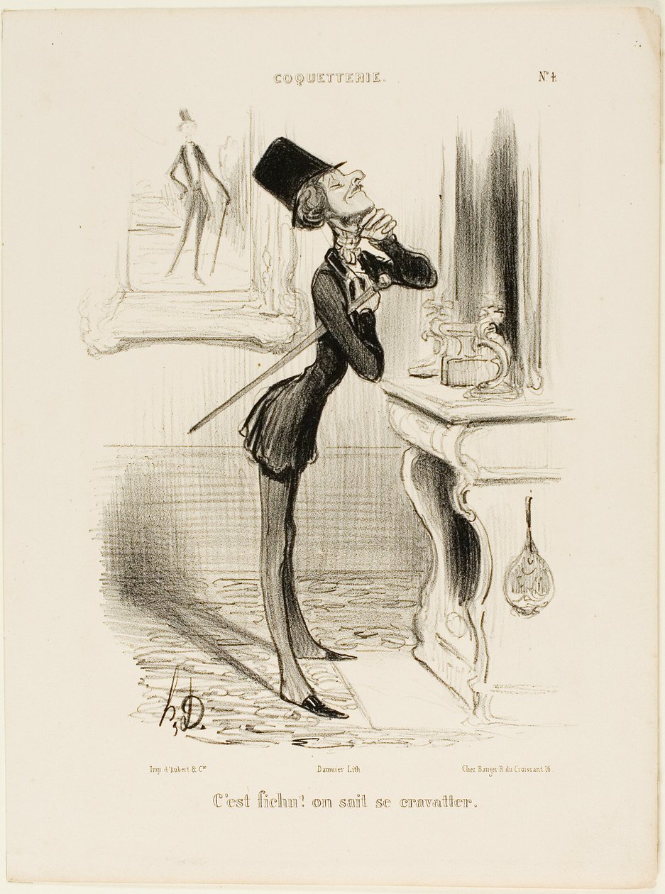 "Åh, tusan! Jag verkar inte kunna knyta en knut!" plåt 4 från Coquetterie av Honoré Victorin Daumier