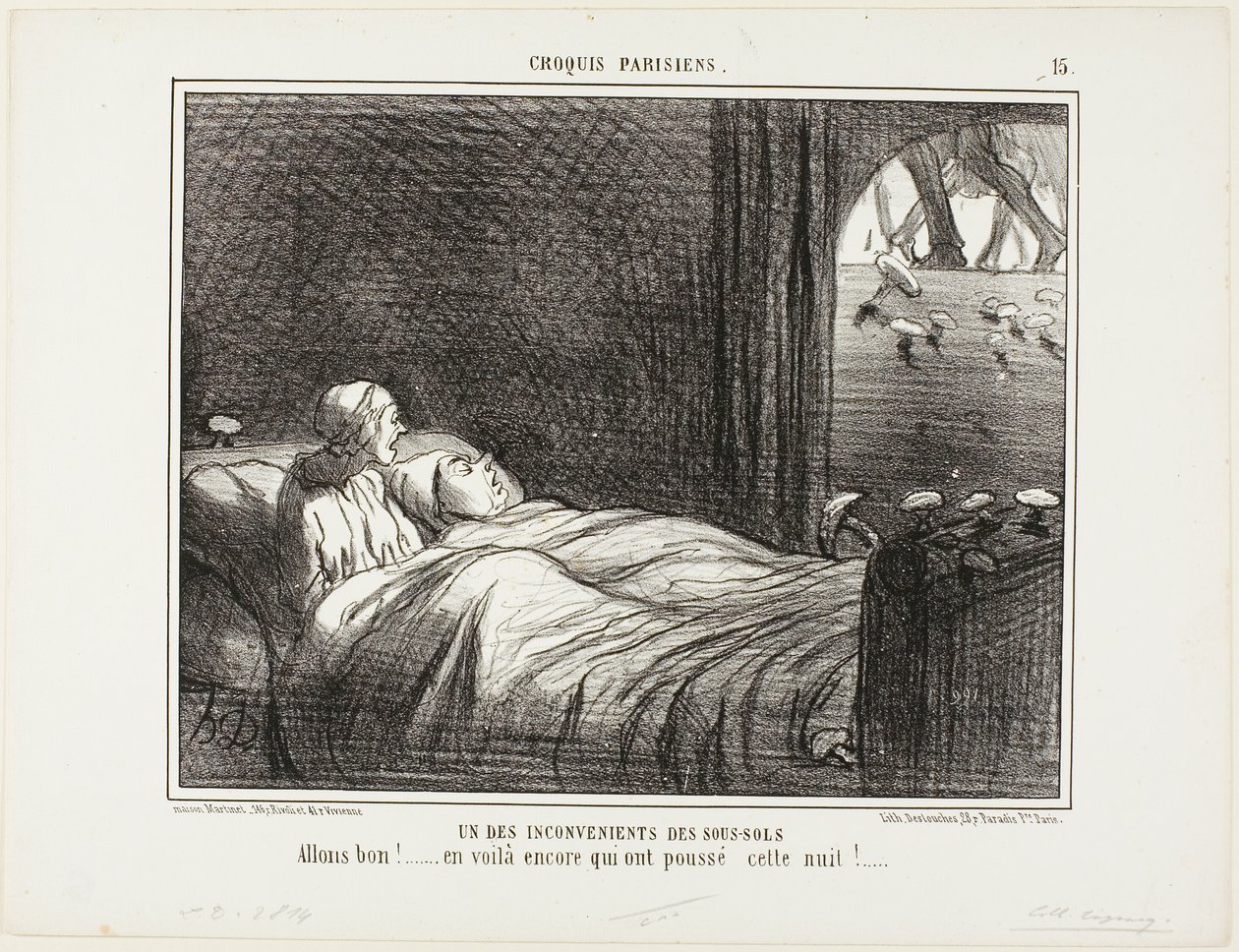 En av nackdelarna med att bo i källaren. "Titta, här är några fler som växte i går kväll...", plansch 15 från Croquis Parisiens av Honoré Victorin Daumier