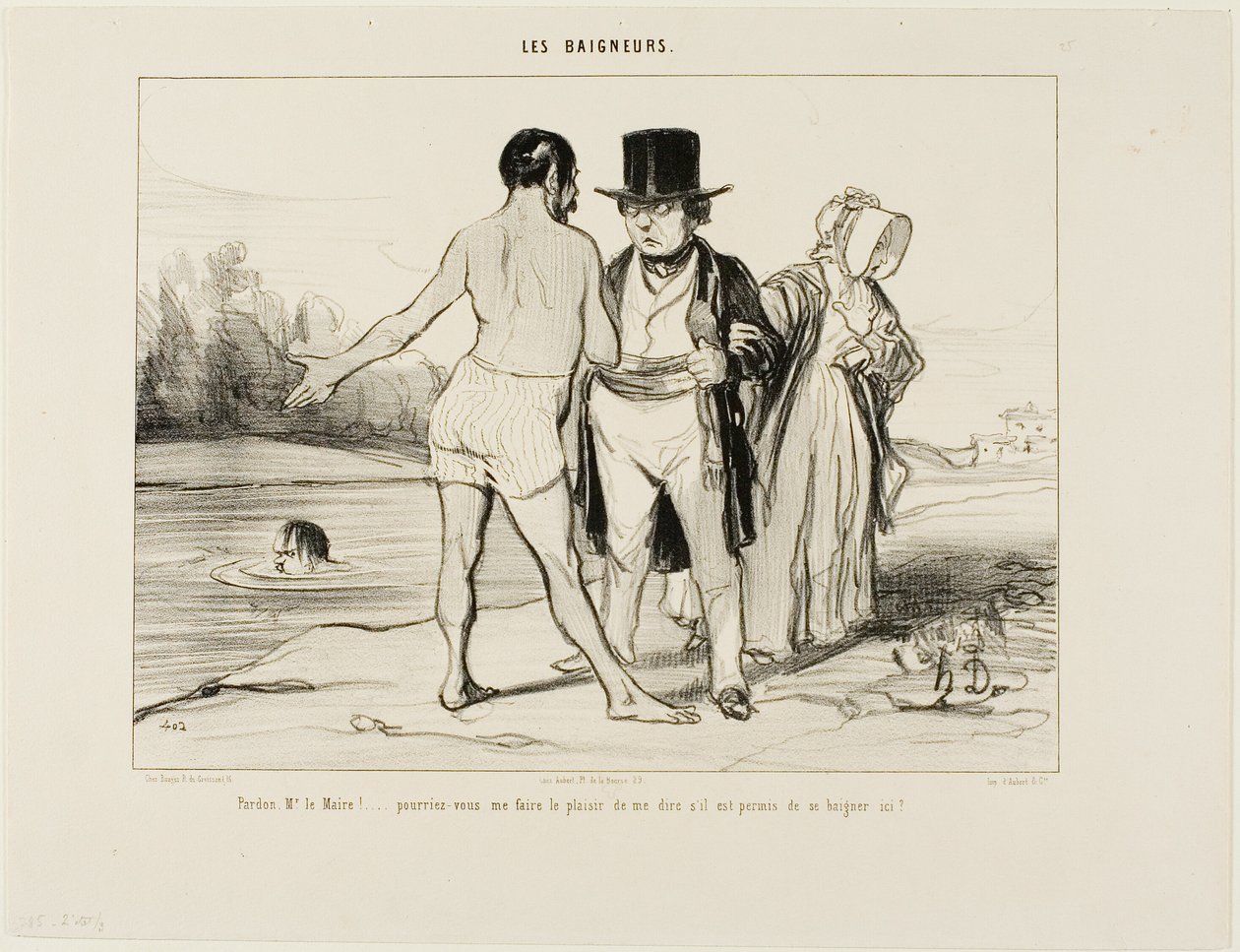 "Ursäkta mig, borgmästare.......skulle du kunna vara så vänlig att berätta om det är tillåtet att simma här", plansch 25 från Les Baigneurs av Honoré Victorin Daumier