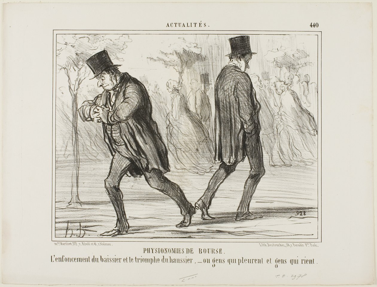 Börsens fysionomi. Baissierens förtvivlan och haussierens triumf - eller gråt och skratt, platta 440 från Actualités av Honoré Victorin Daumier