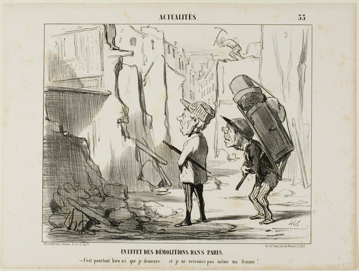 Resultatet av rivningen av byggnader i Paris. "- Det var trots allt här jag bodde.... och jag hittar inte ens min fru längre", platta 55 från Actualités av Honoré Victorin Daumier