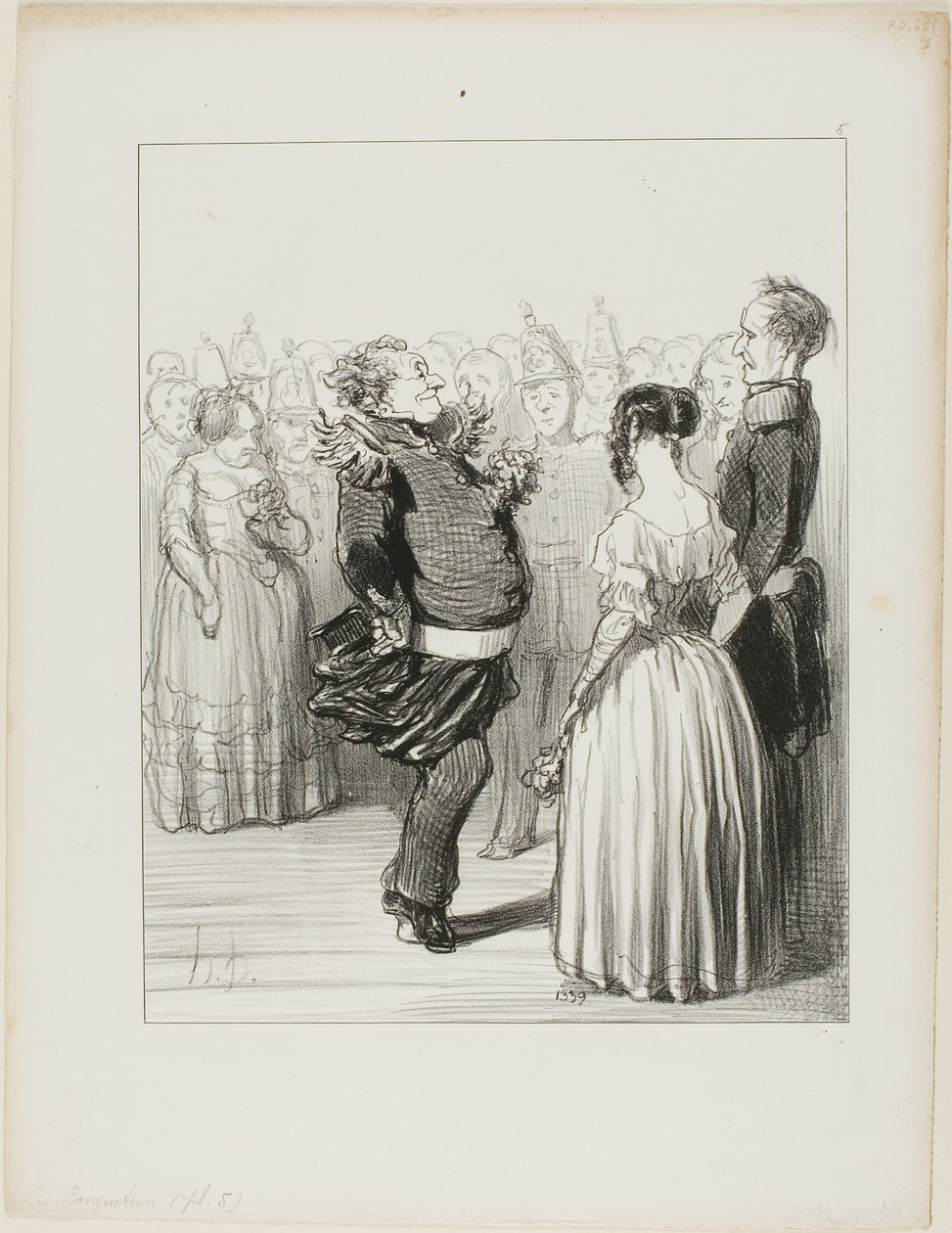 Rifolard öppnar bollen och utför ett djärvt danssteg framåt, vilket får mycket beröm, platta 5 från Les Banqueteurs av Honoré Victorin Daumier