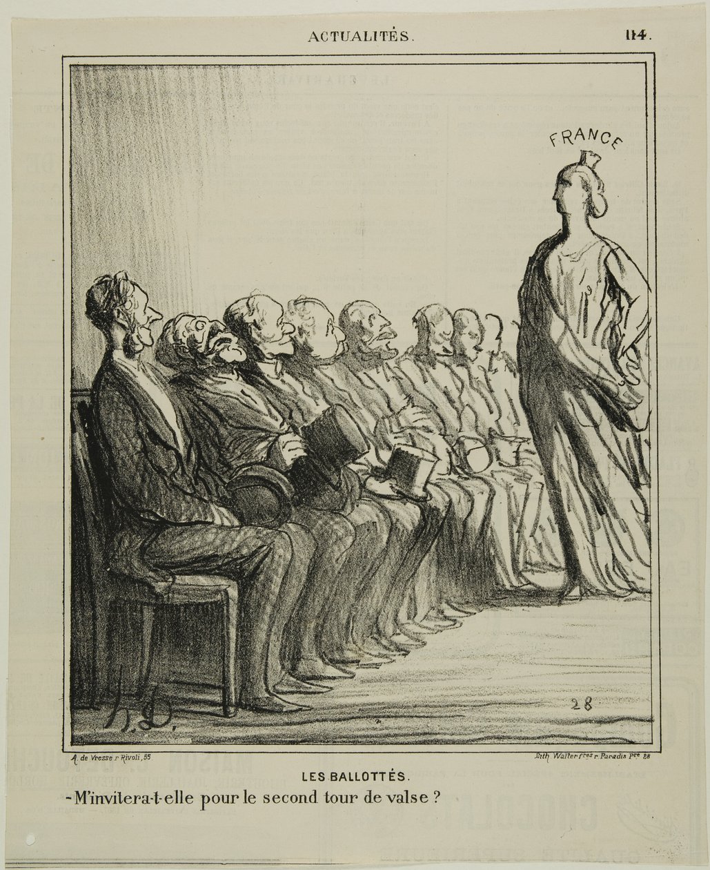 Run-off val. "- Kommer hon att bjuda upp mig till en andra vals", platta 114 från Actualités av Honoré Victorin Daumier