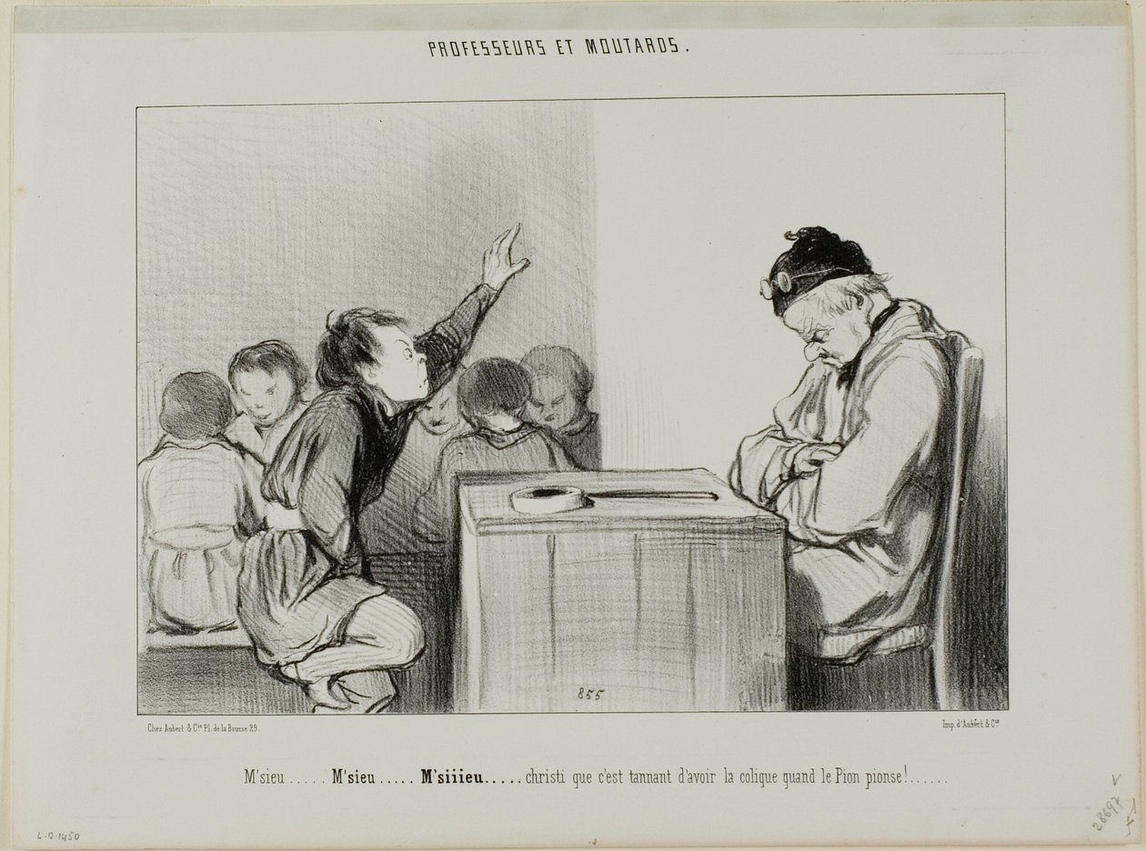 "Sir... Sir... Siiiirrrr... Herregud, det är irriterande att ha kolik när handledaren övervakar", platta 13 från Professeurs Et Moutards av Honoré Victorin Daumier