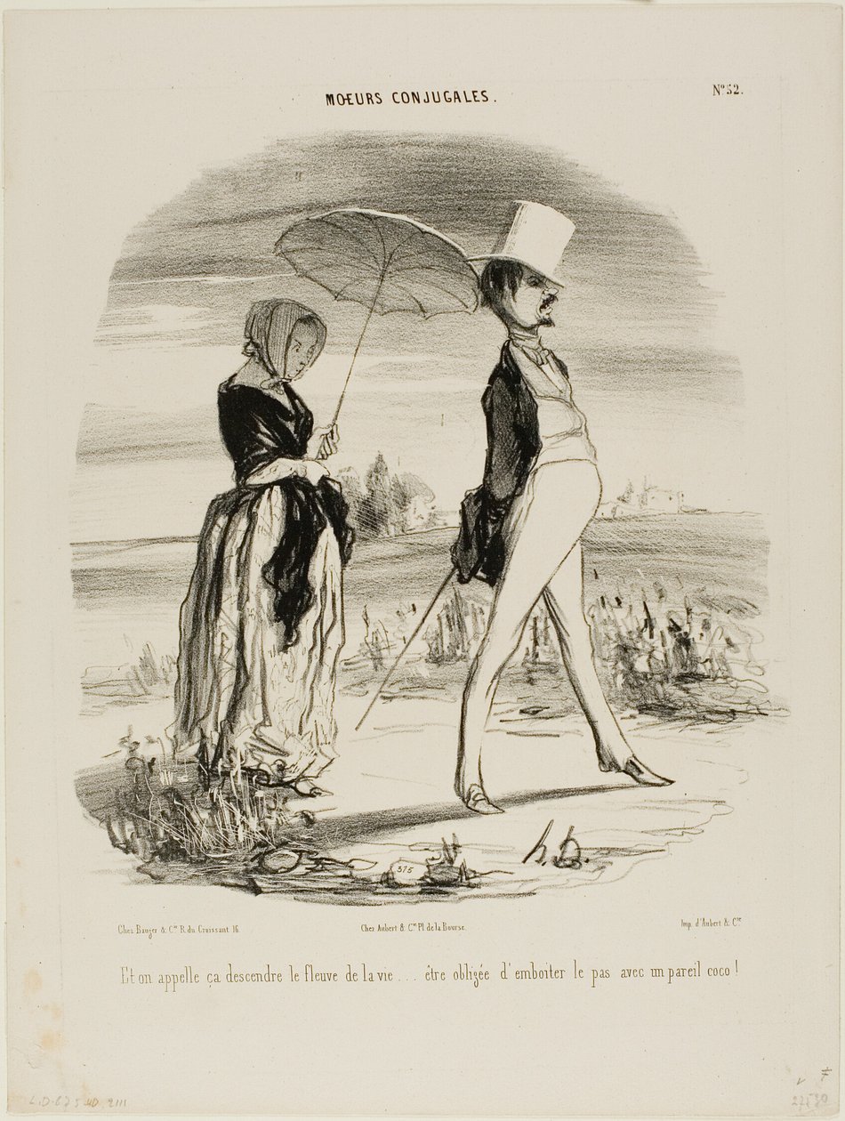 "Så det här är vad som kallas att följa livets ström..... att tvingas marschera i takt med en sådan dåre!", platta 52 från Moeurs Conjugales av Honoré Victorin Daumier