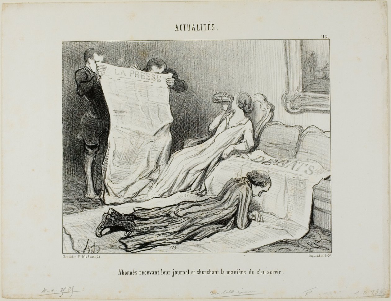 Prenumeranterna försöker klara sig med sin tidning, plansch 115 från Actualités av Honoré Victorin Daumier