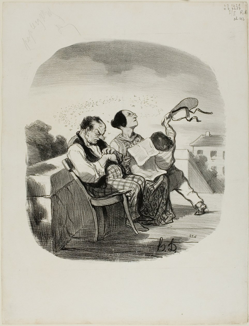 Fördelen med att dela den friska luften på en italiensk terrass tillsammans med ett stort antal insekter, plansch 42 från Pastorales av Honoré Victorin Daumier