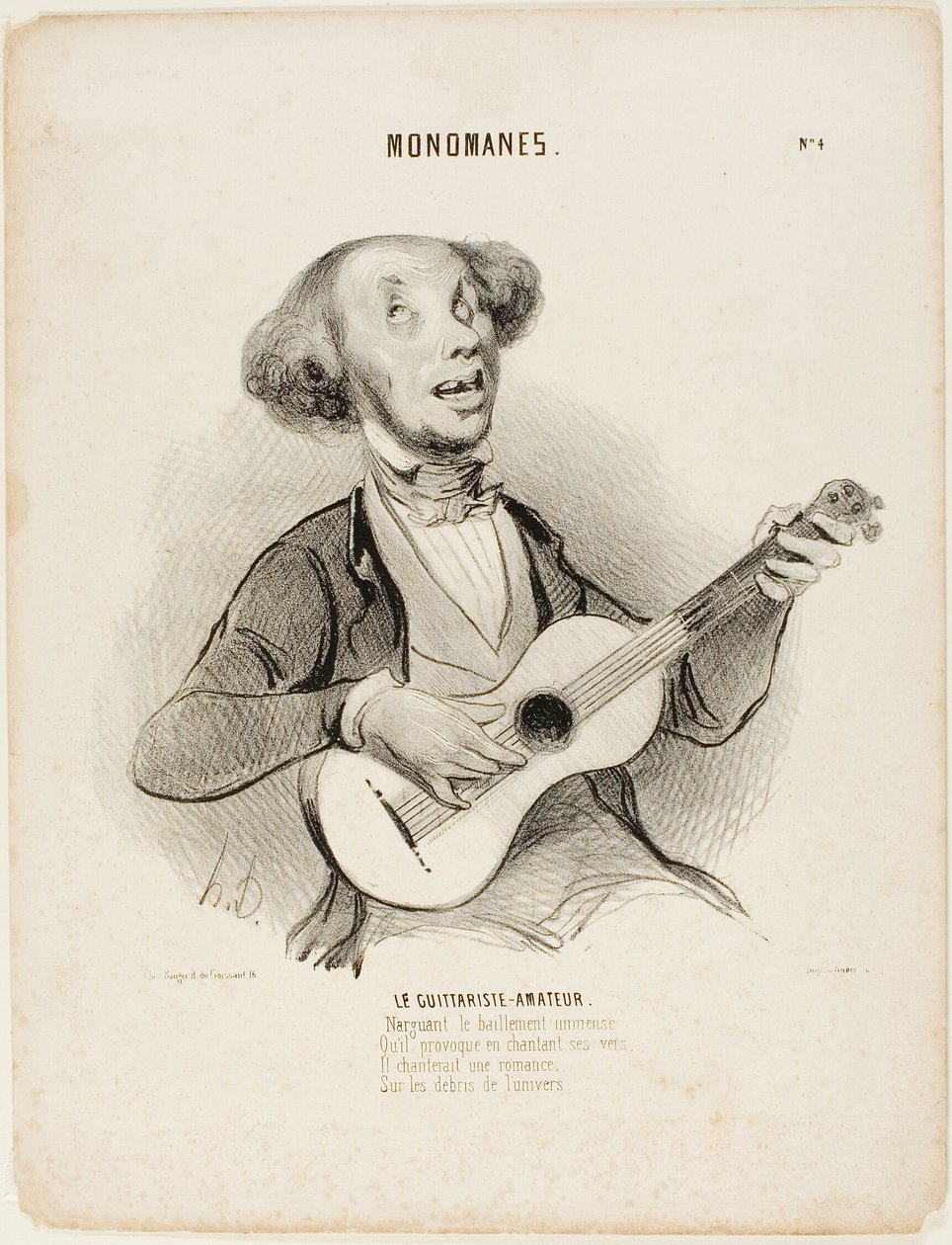 Den amatörmässige gitarristen. Han trotsar allas gäspningar, när han sjunger sin ynkliga vers, han skulle sjunga en salongsvisa, på universums ruiner...", plansch 4 ur Monomanes av Honoré Victorin Daumier