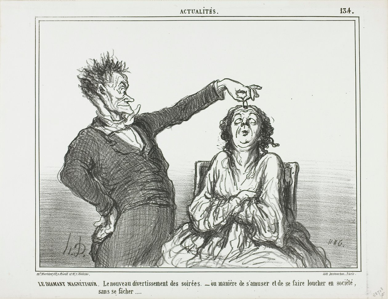 Diamanthypnotisören. Ett nytt tidsfördriv på kvällsfester - eller hur man har roligt och får någon att kisa, utan att råka illa ut, platta 134 från Actualités av Honoré Victorin Daumier