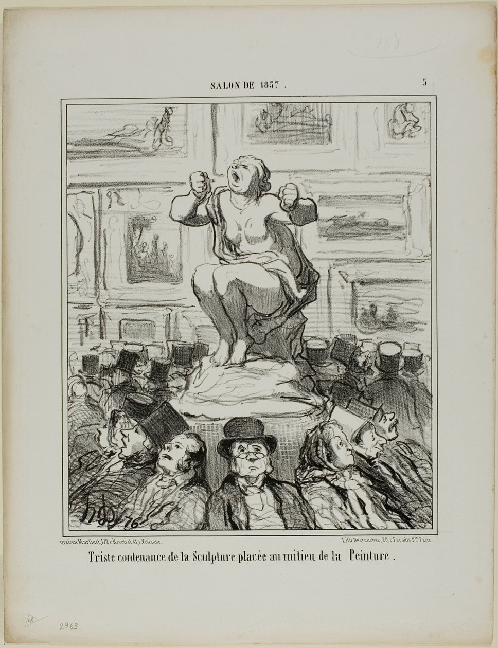 The Displeasure of a Sculpture Placed in the Middle of an Exhibition of Paintings, plansch 5 från Salon De 1857 av Honoré Victorin Daumier