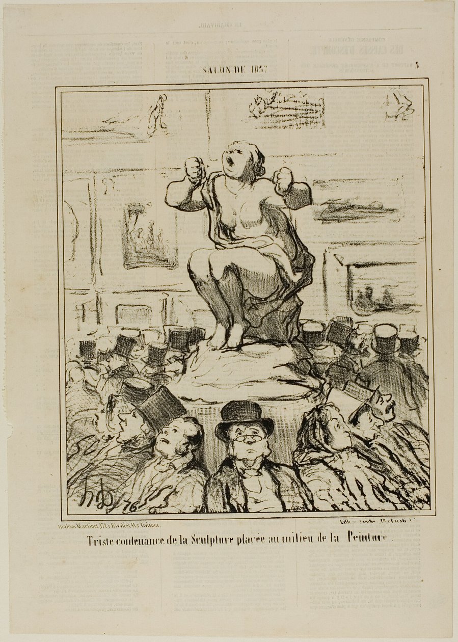 The Displeasure of a Sculpture Placed in the Middle of an Exhibition of Paintings, plansch 5 från Salon De 1857 av Honoré Victorin Daumier