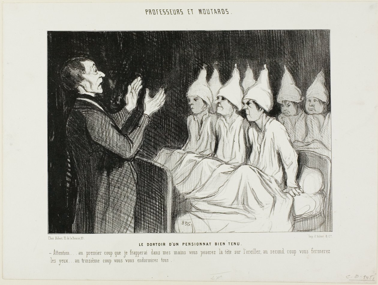 The Dormitory of a Distinguished Boarding School, plansch 14 från Professeurs et Moutards (Professorer och skurkar) av Honoré Victorin Daumier