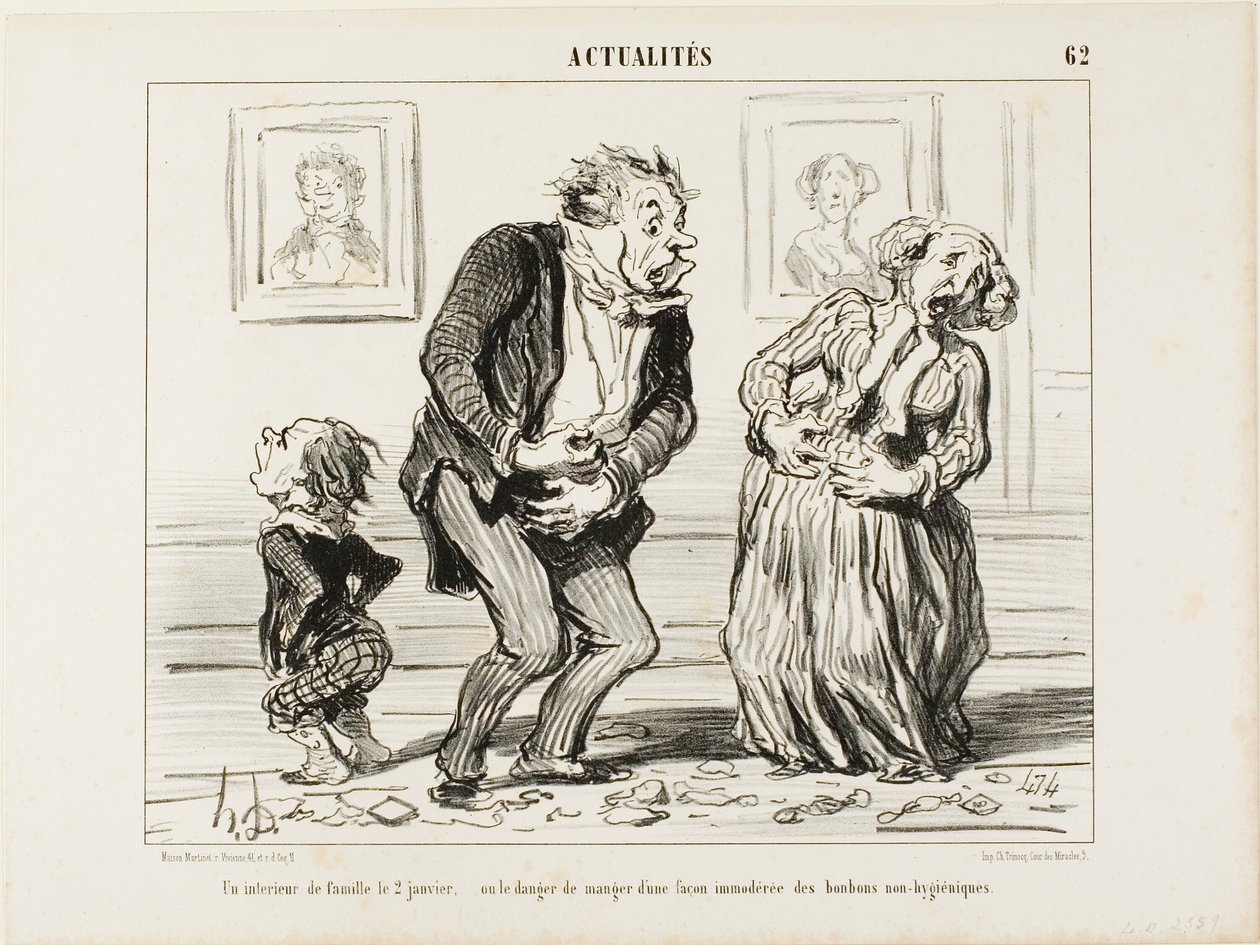 Interiören i en familj den 2 januari - eller faran med att konsumera omåttligt ohygieniska sötsaker, plansch 62 från Actualités av Honoré Victorin Daumier